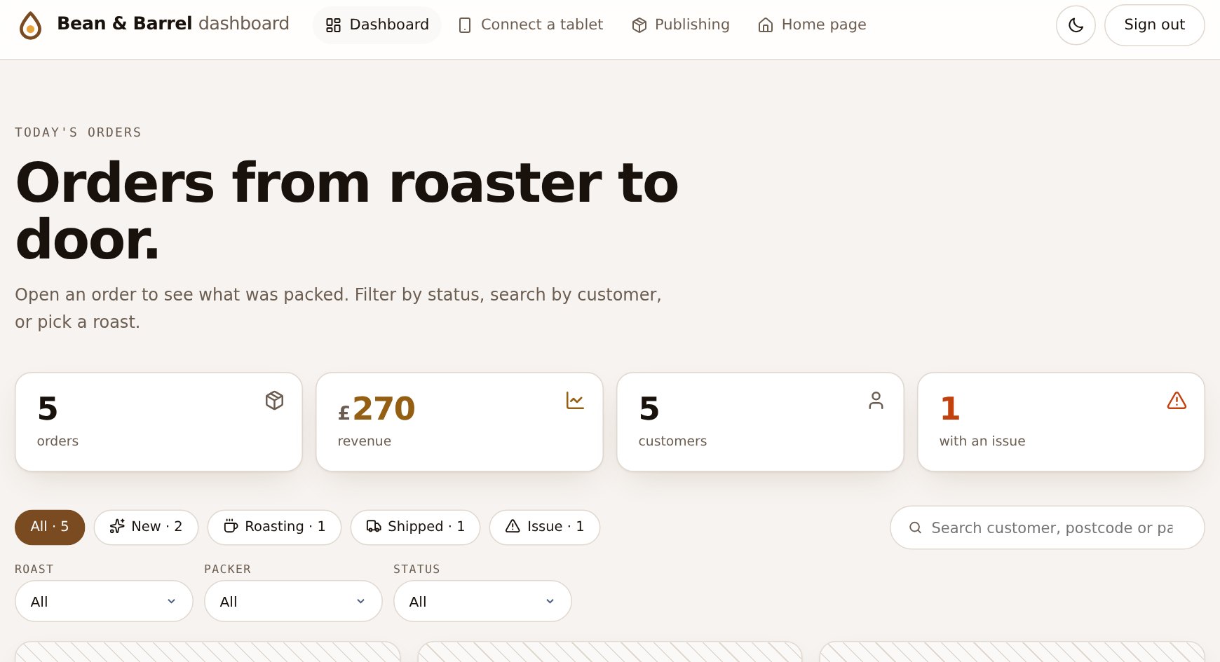 A generated orders dashboard with an icon on each header link, each stat card and each status filter chip