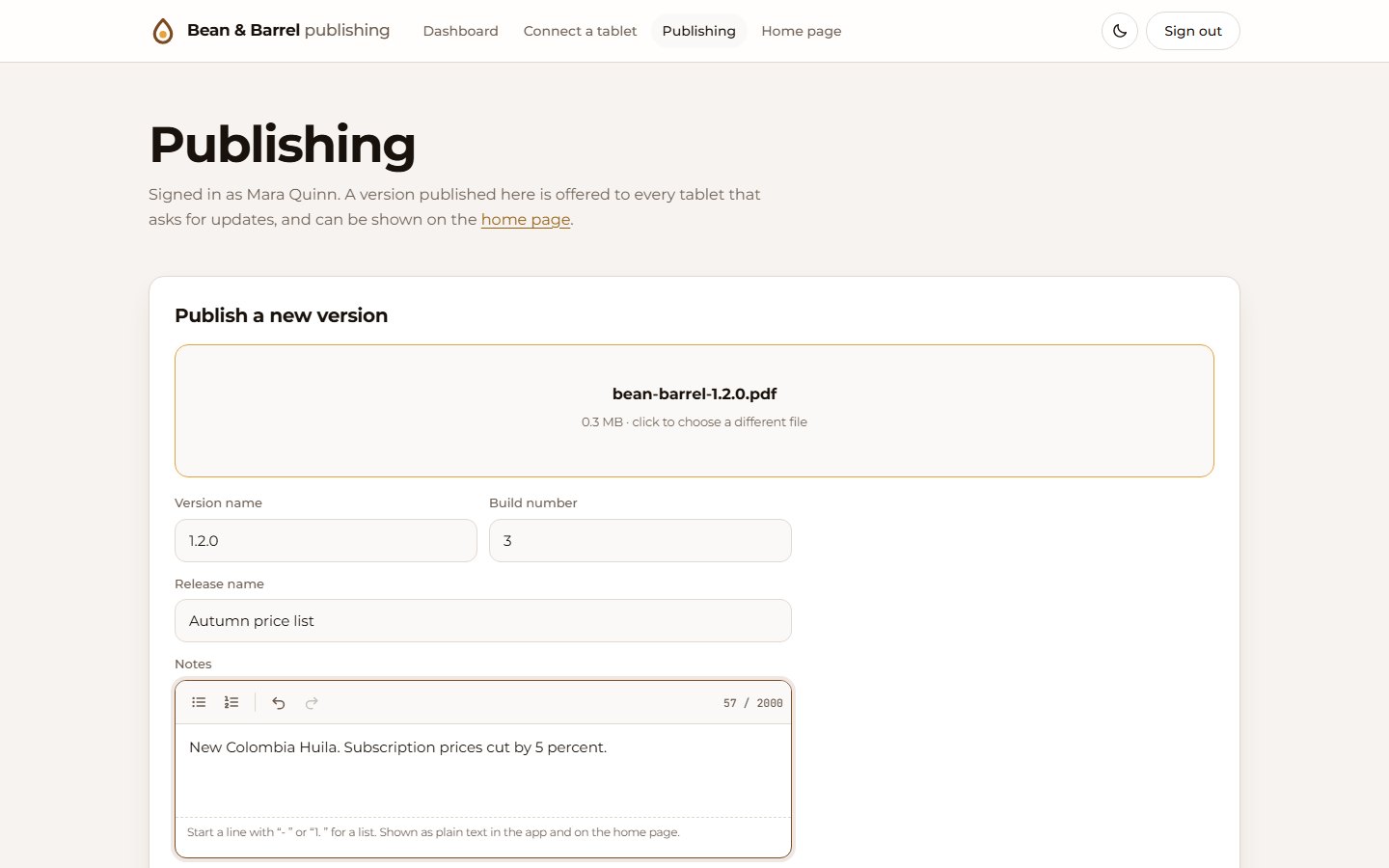 Publishing form with file drop zone and release notes editor