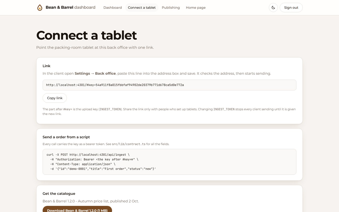Connect a tablet page with a link and a curl example