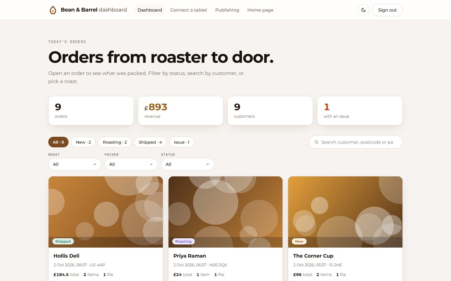 The generated orders dashboard with stat cards and order cards