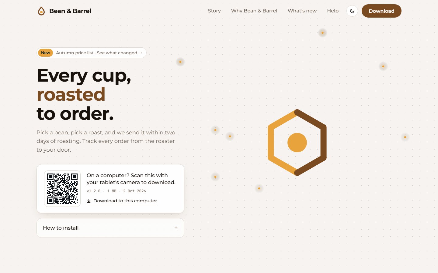 A generated landing page for a fictional coffee roaster, Bean & Barrel: headline, download card with QR code, brown and amber palette