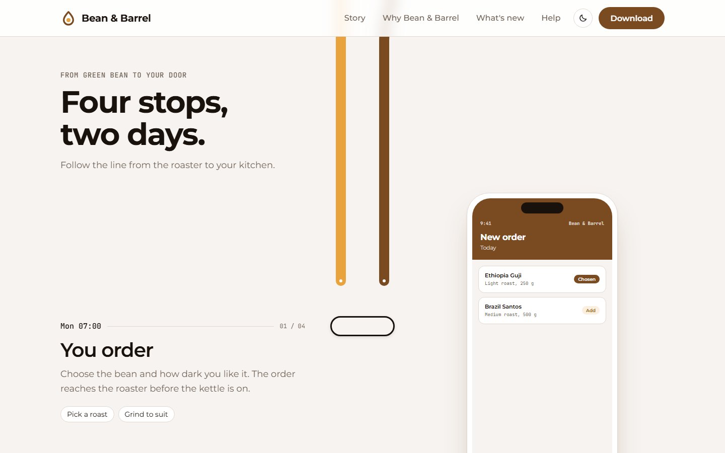Landing page story section with a phone mock-up